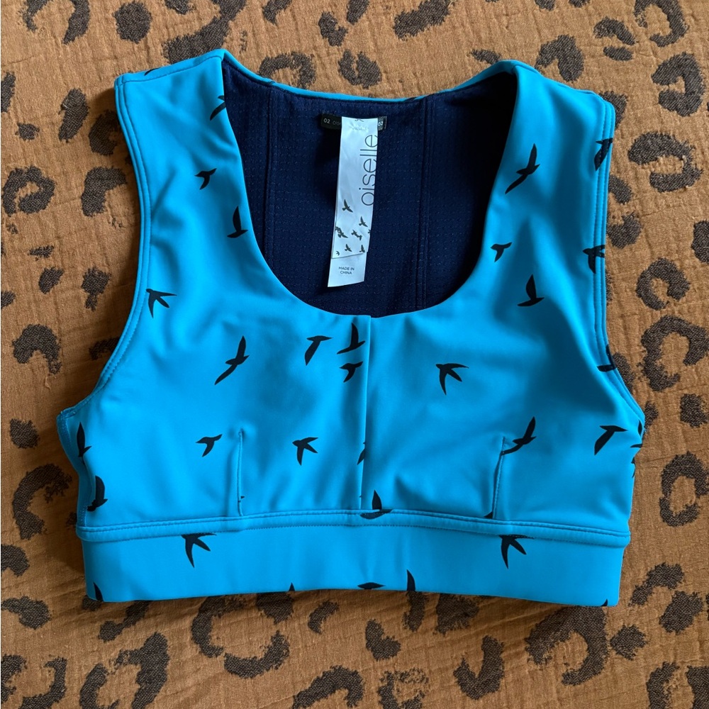 Oiselle Teal Sports Bra with Black Bird Design